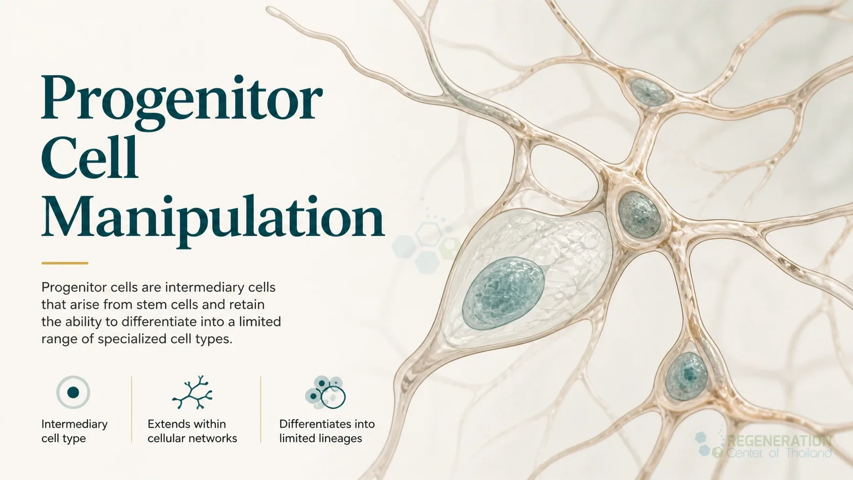Illustration of progenitor cells extending through a branching cellular network for Progenitor Cell Manipulation.