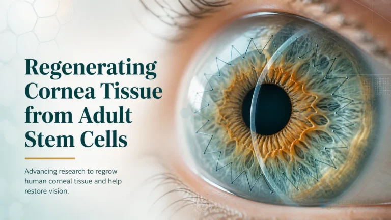 Close-up eye image labeled Regrowing Cornea Tissue for Regenerating Cornea Tissue from Adult Stem Cells.