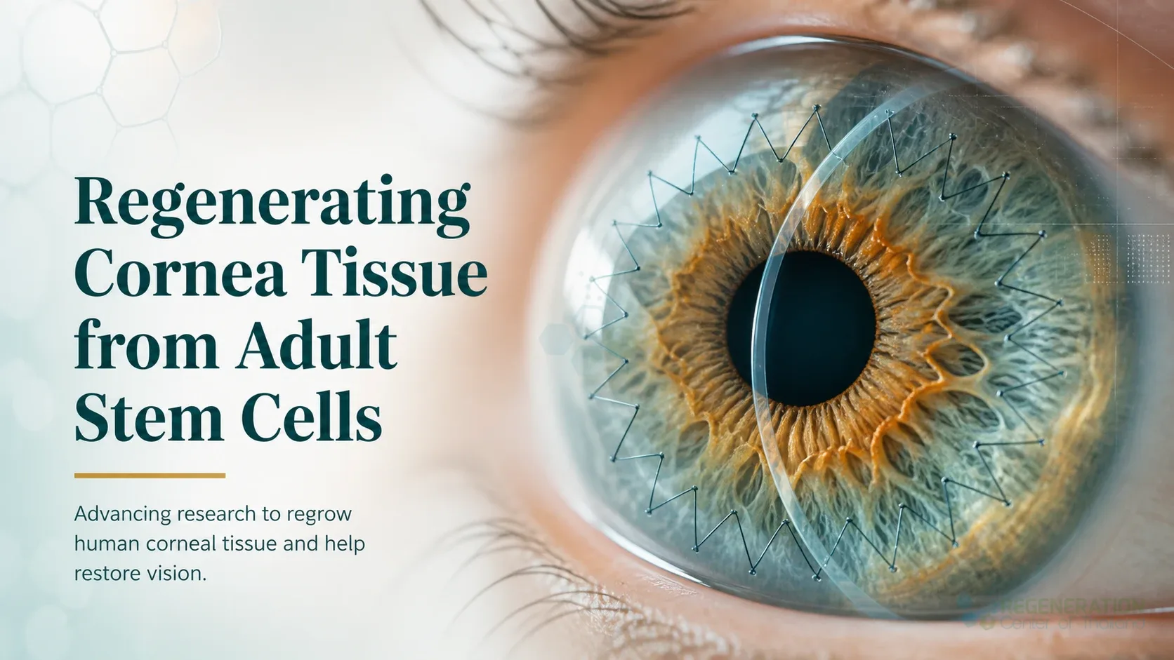 Close-up eye image labeled Regrowing Cornea Tissue for Regenerating Cornea Tissue from Adult Stem Cells.