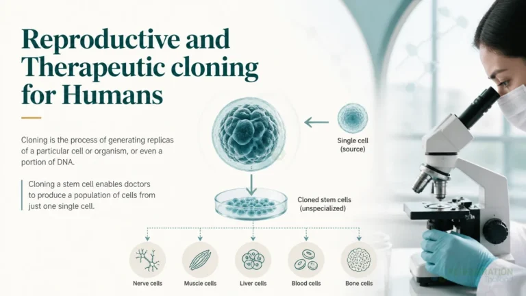 Conceptual illustration representing cell cloning and embryonic development for Reproductive and Therapeutic cloning for Humans.