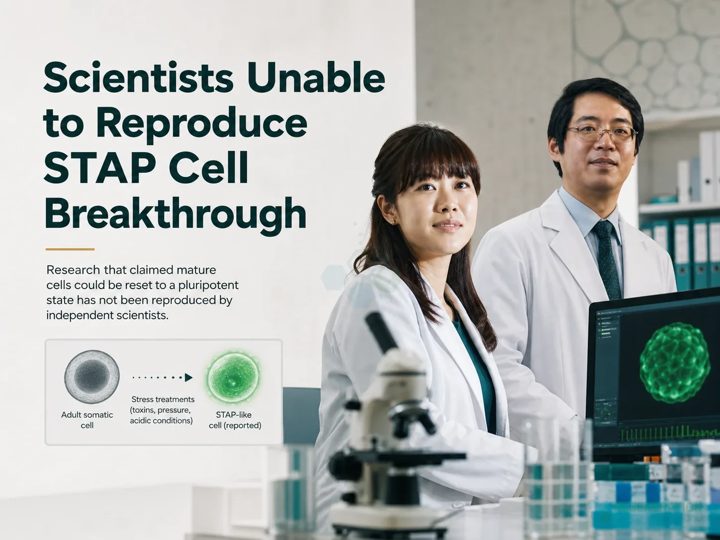 Researchers Haruko Obokata and Yoshiki Sasai standing beside a projected stem cell image for Scientists Unable to Reproduce STAP Cell Breakthrough.