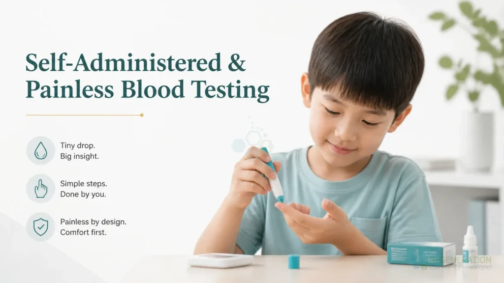 Child preparing for a painless capillary blood sampling device for Self-Administered & Painless Blood Testing.