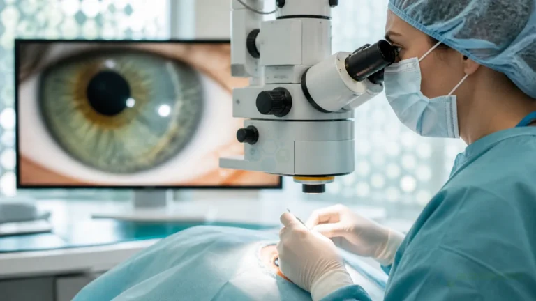 Ophthalmic surgical team viewing a magnified cornea during a stem cell contact lens procedure for Stem Cell Infused Contact Lenses Help to Restore Sight.