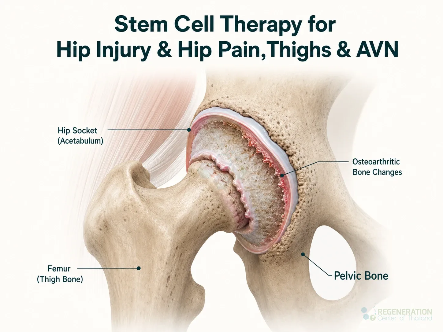 Clinical editorial image for Stem Cell Therapy for Hip Injury & Hip Pain,Thighs & AVN, including the section headline.