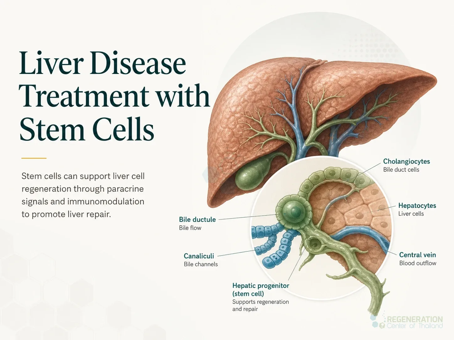 Clinical editorial image for Liver Disease Treatment with Stem Cells, including the section headline.