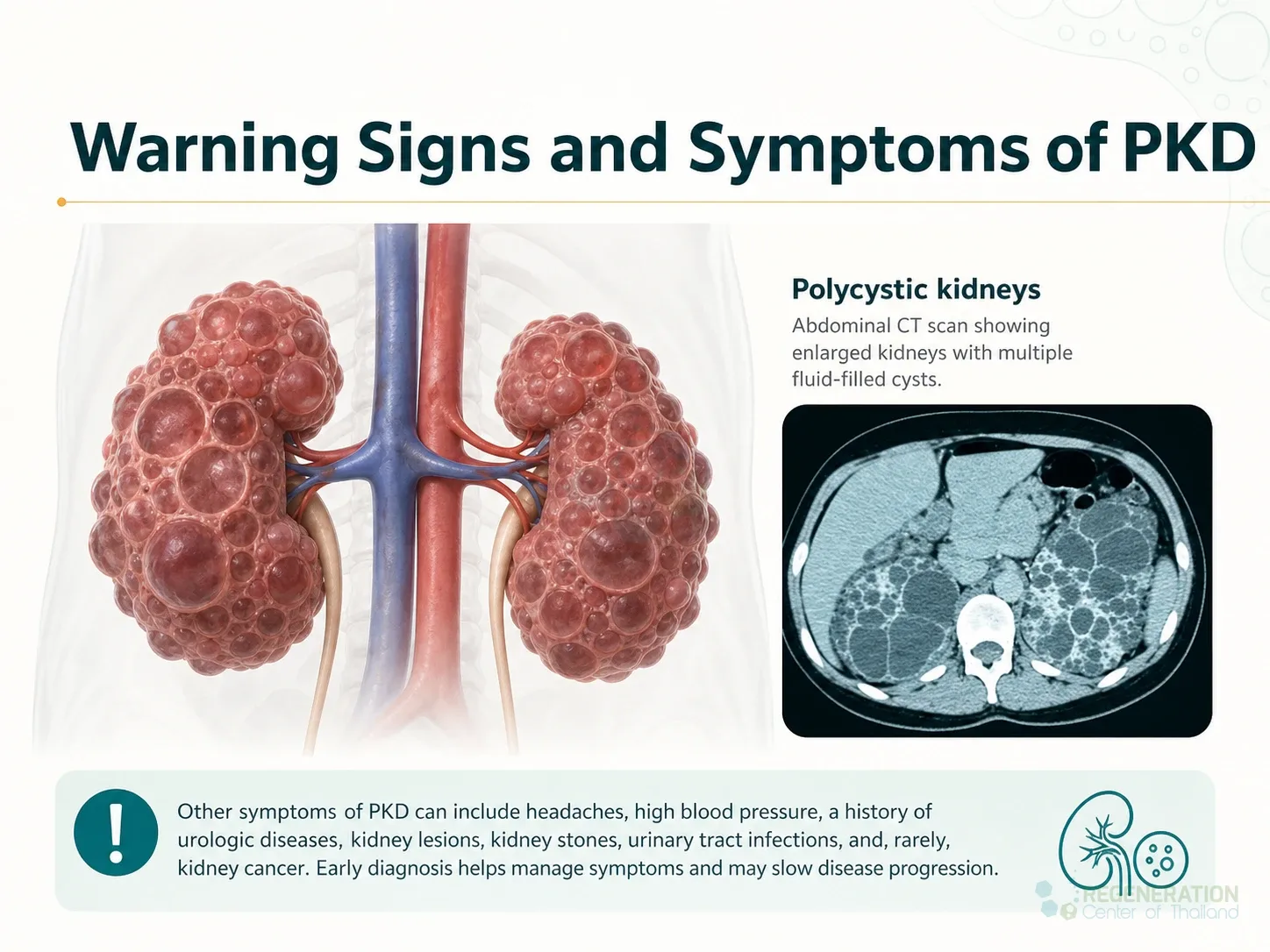 Clinical editorial image for Warning Signs and Symptoms of PKD, including the section headline.