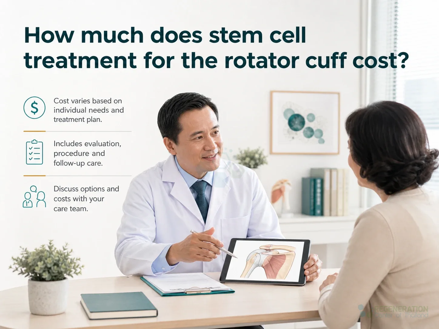Clean clinical illustration for How much does stem cell treatment for the rotator cuff cost? with concise explanatory text.