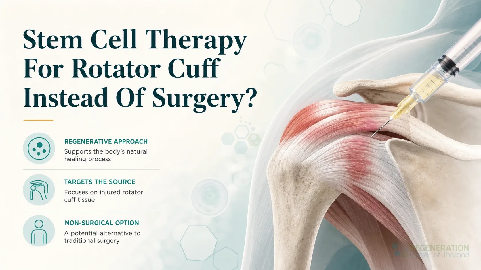 Clean clinical illustration for Stem Cell Therapy For Rotator Cuff Instead Of Surgery? with concise explanatory text.