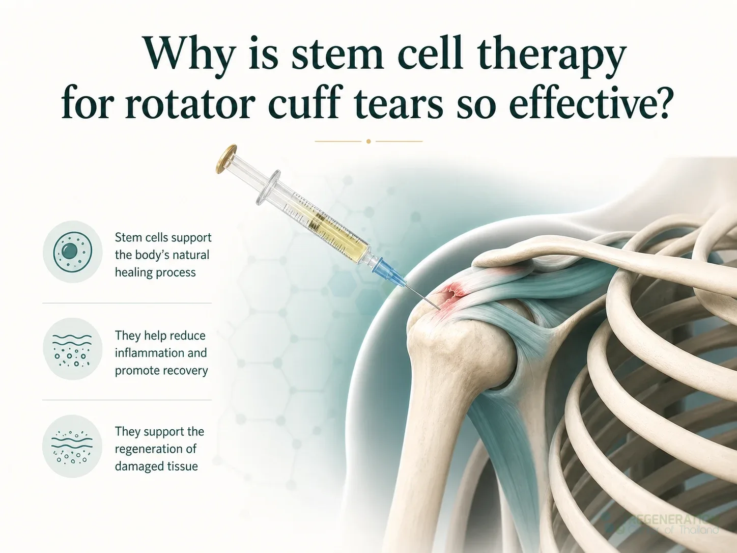 Clean clinical illustration for Why is stem cell therapy for rotator cuff tears so effective? with concise explanatory text.