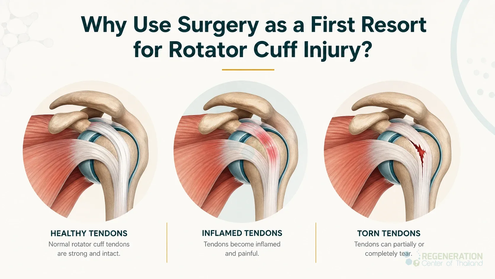 Clean clinical illustration for Why Use Surgery as a First Resort for Rotator Cuff Injury? with concise explanatory text.