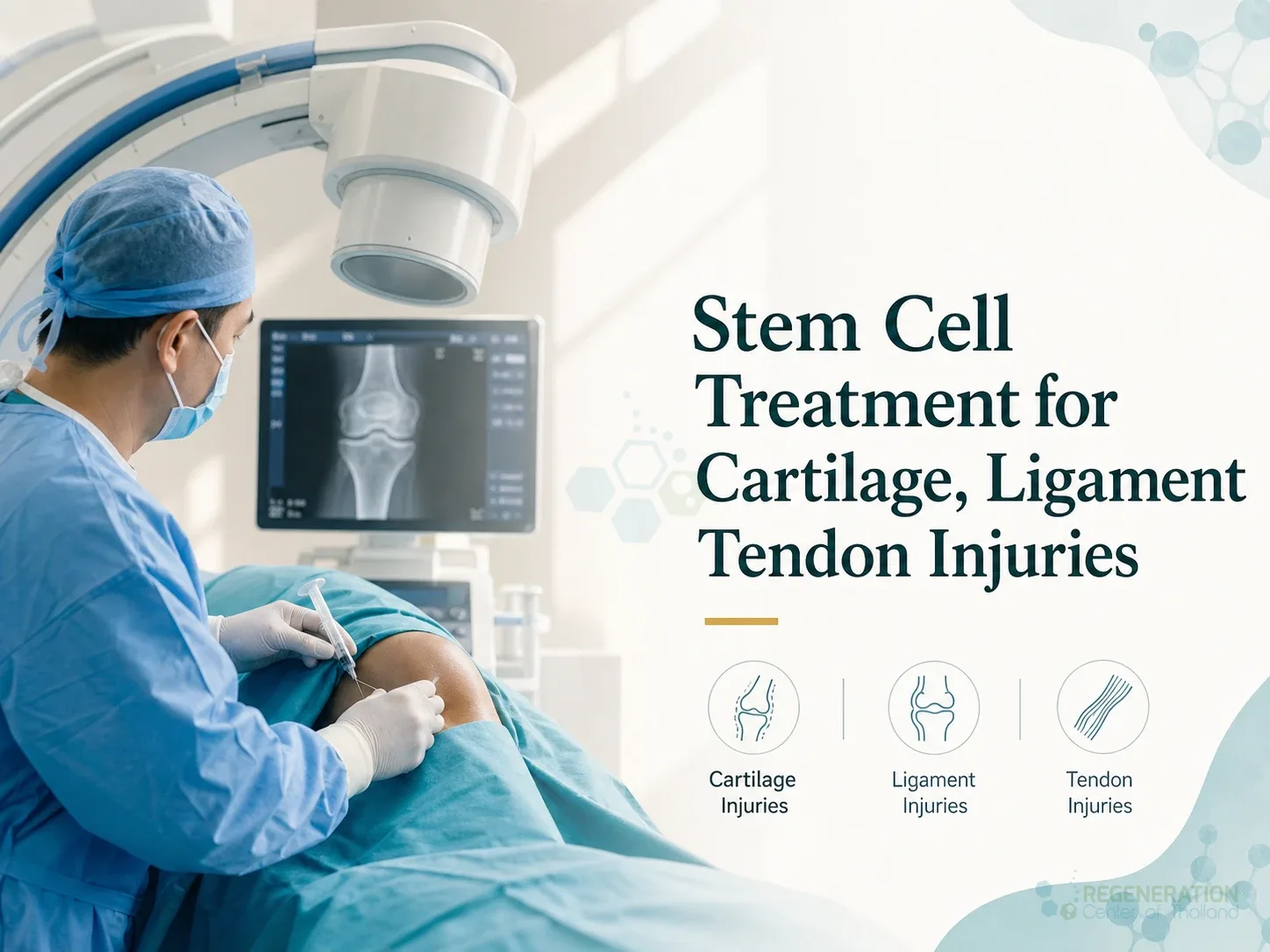 Clinical editorial image for Stem Cell Treatment for Cartilage, Ligament Tendon Injuries, including the section headline.