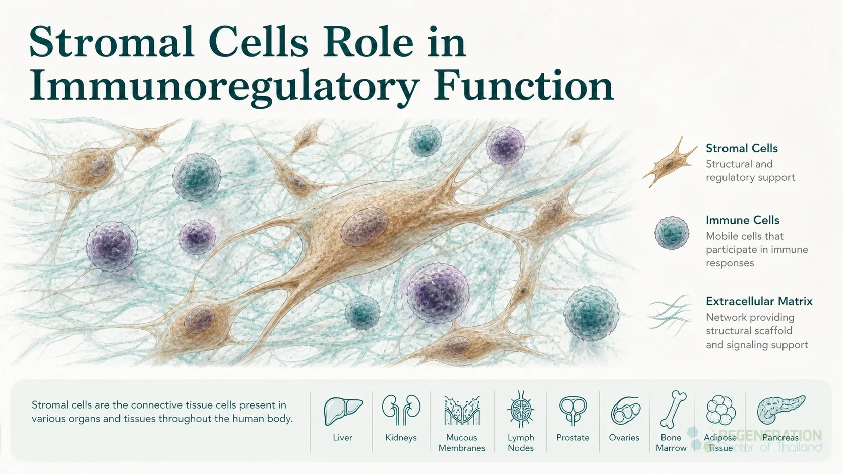 Clean clinical illustration for Stromal Cells Role in Immunoregulatory Function with concise explanatory text.