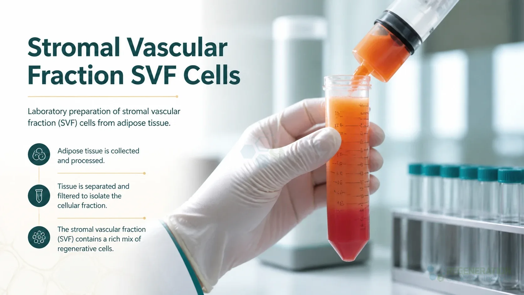 Laboratory preparation of stromal vascular fraction cells from adipose tissue for Stromal Vascular Fraction SVF Cells.