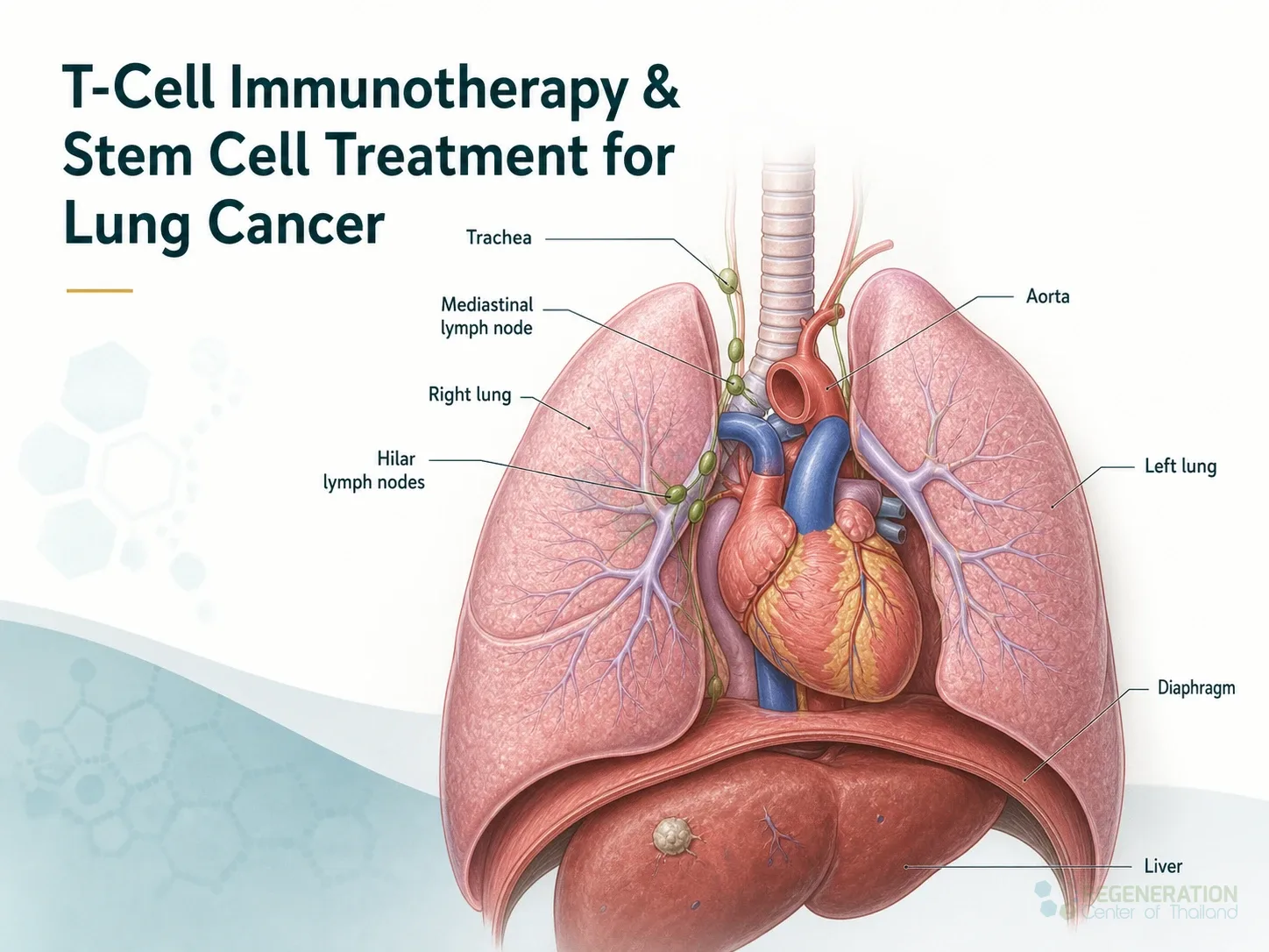 Clean clinical illustration for T-Cell Immunotherapy & Stem Cell Treatment for Lung Cancer with concise explanatory text.