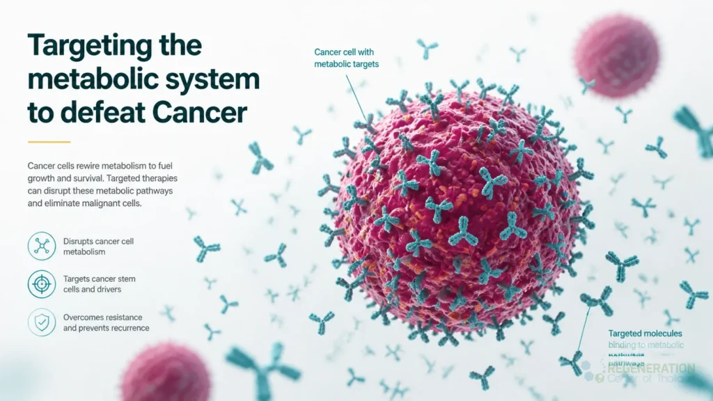 Illustration of a tumor cell surrounded by targeted molecular markers for Targeting the metabolic system to defeat Cancer.