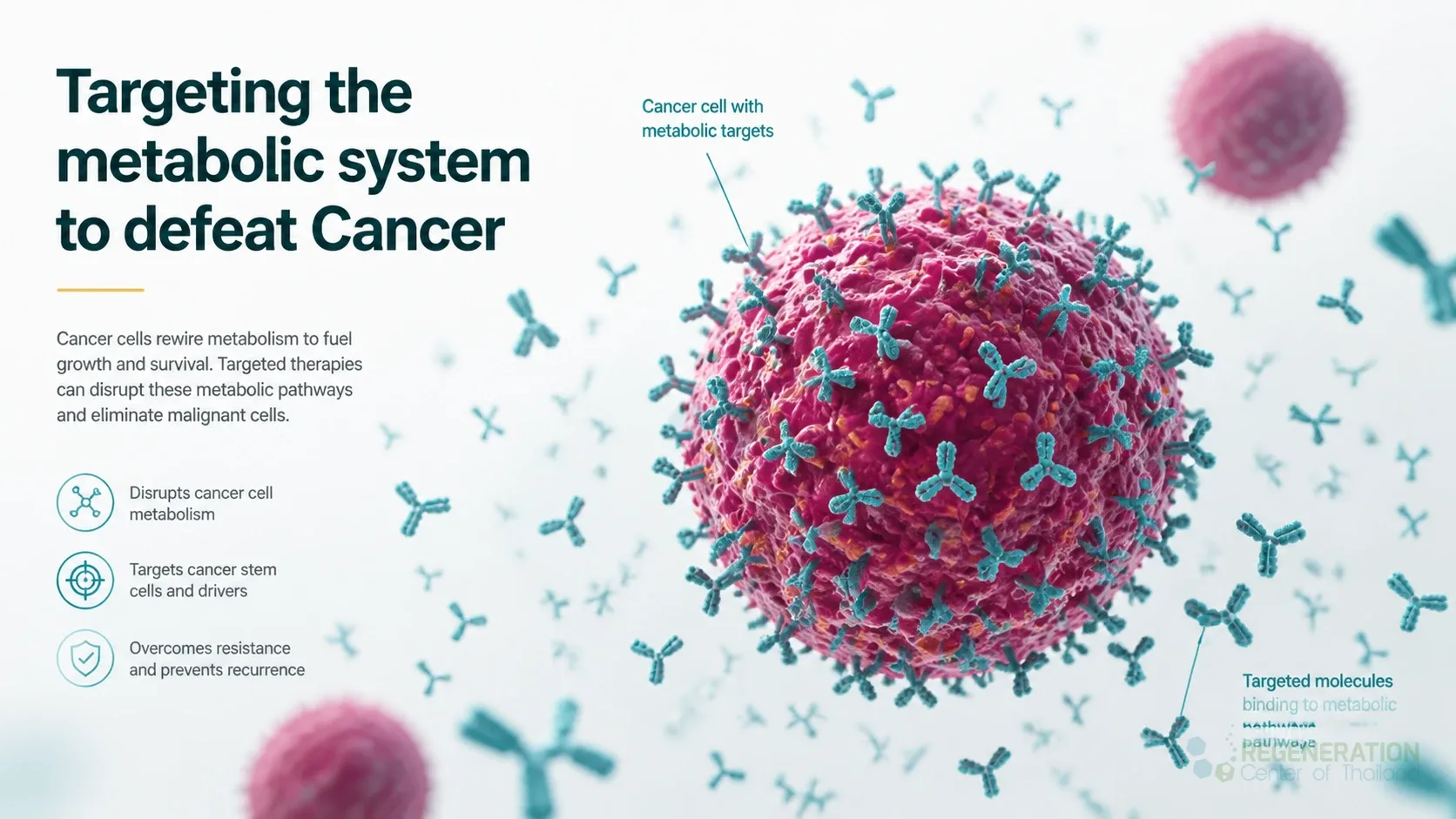 Illustration of a tumor cell surrounded by targeted molecular markers for Targeting the metabolic system to defeat Cancer.
