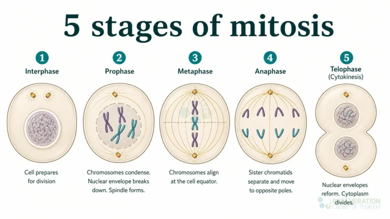 Clean clinical illustration for 5 stages of mitosis with concise explanatory text.