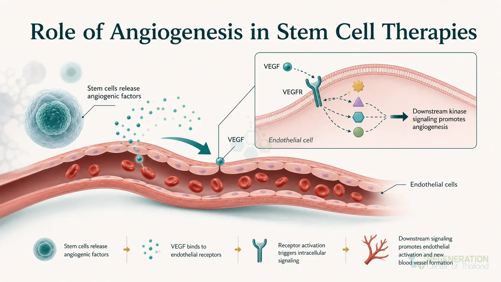Diagram of VEGF signaling and endothelial cell response during angiogenesis for The Angiogenesis Process and Its Therapeutic Benefits.