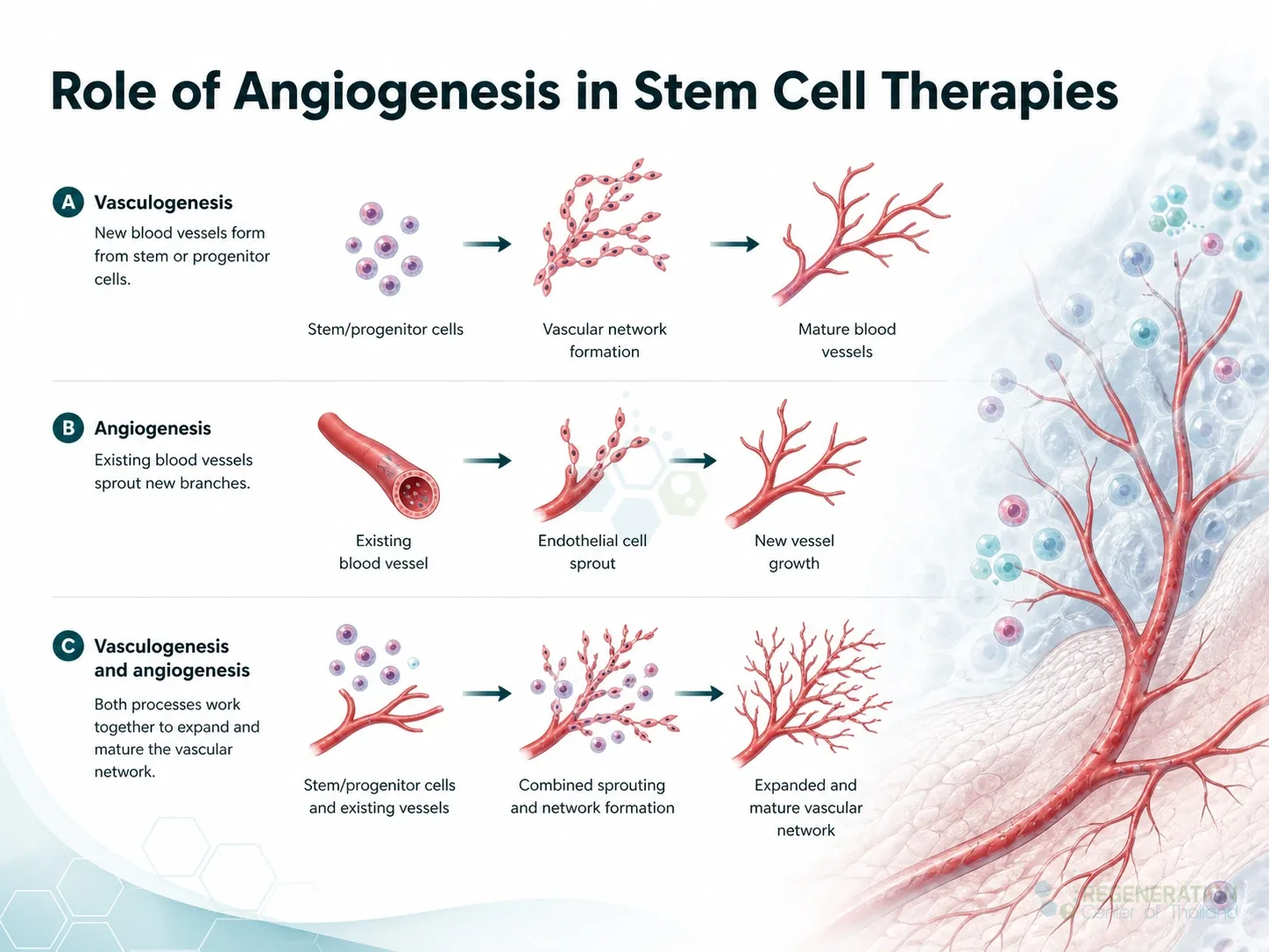 Diagram comparing vasculogenesis, angiogenesis and combined blood vessel growth for The Angiogenesis Process and Its Therapeutic Benefits.