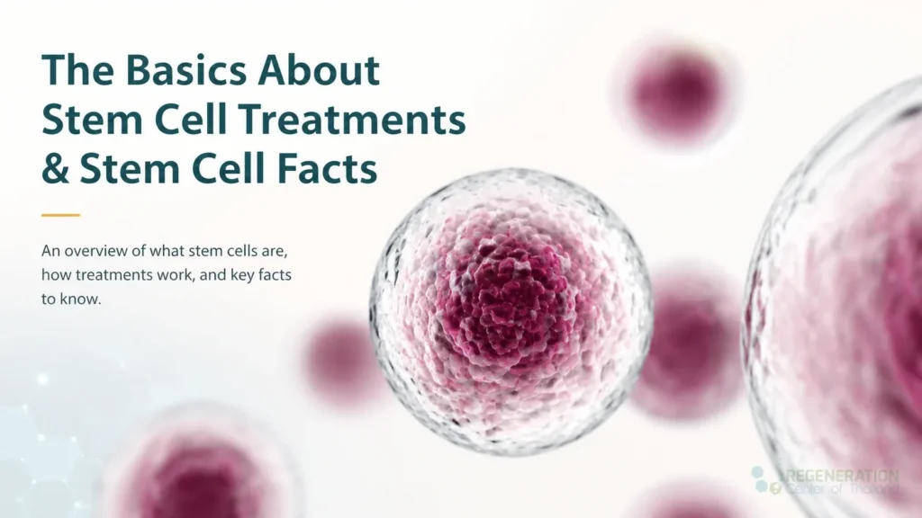 Close-up of stem cells with text about stem cells for The Basics About Stem Cell Treatments & Stem Cell Facts.