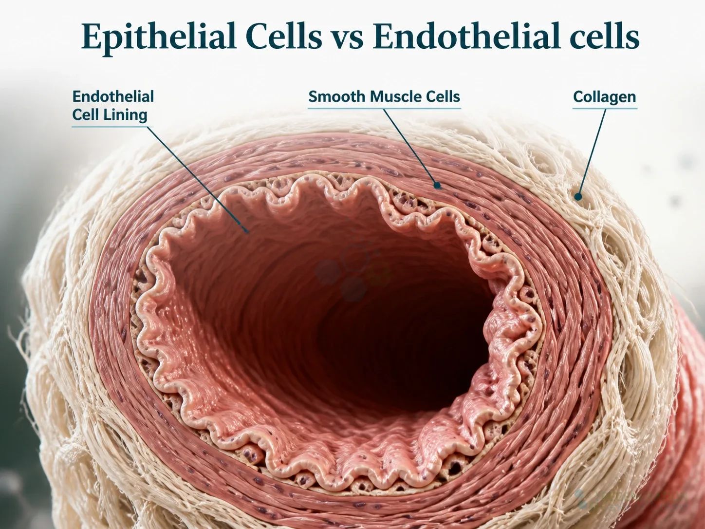 Electron micrograph cross-section labeling endothelial lining, smooth muscle cells and collagen in a blood vessel for The Endothelial Cells & Endothelium Layer.