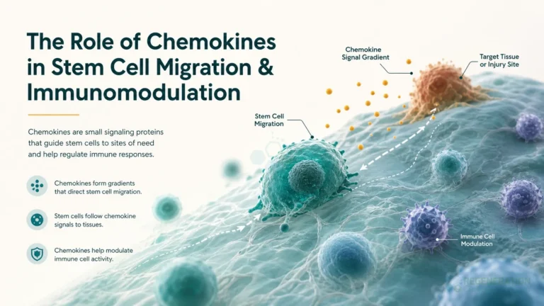 Clean clinical illustration for The Role of Chemokines in Stem Cell Migration & Immunomodulation with concise explanatory text.