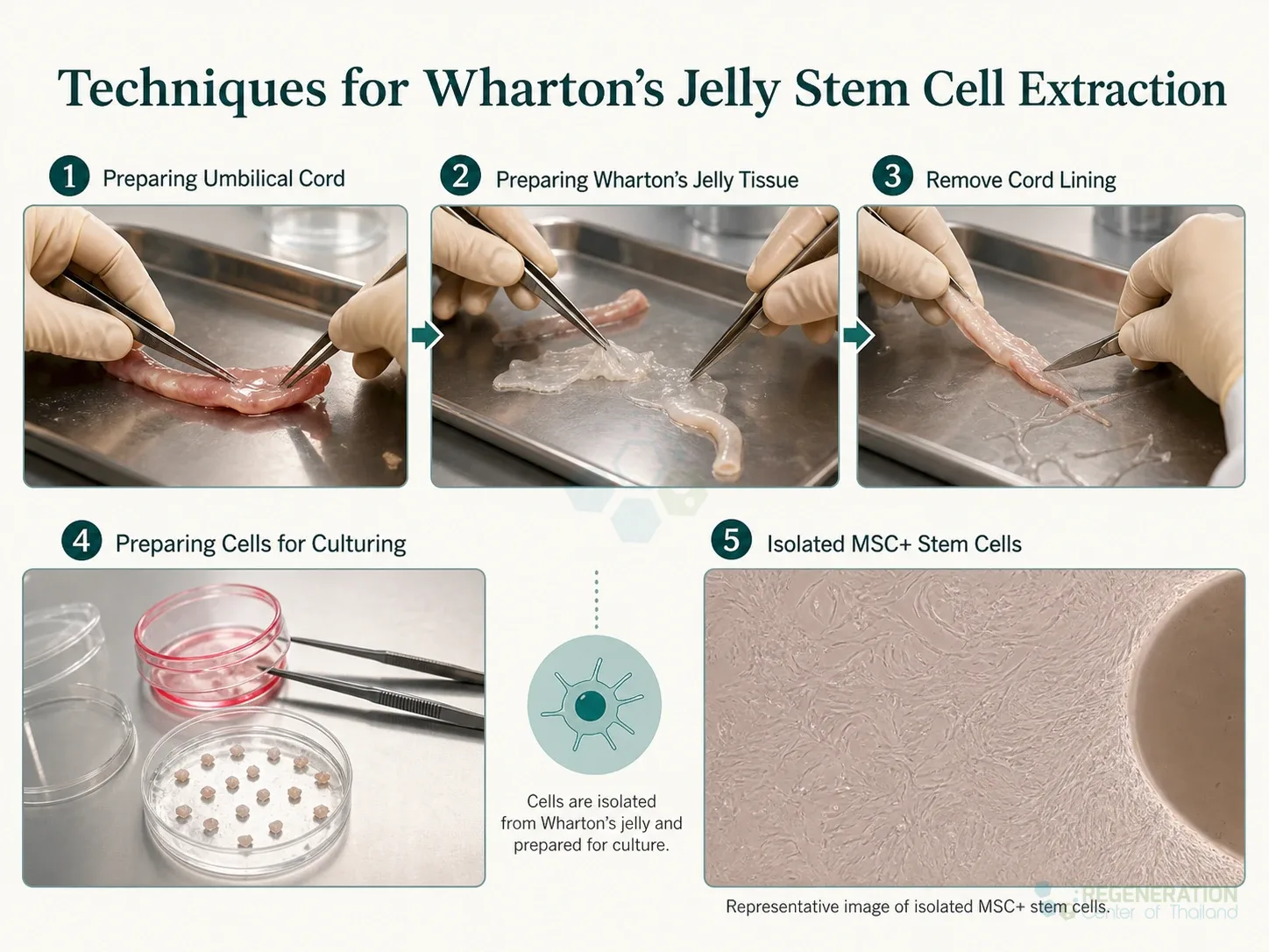 Clean clinical illustration for Techniques for Wharton's Jelly Stem Cell Extraction with concise explanatory text.