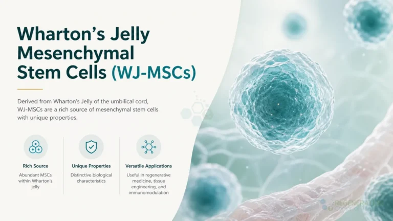 Clean clinical illustration for Wharton’s Jelly Mesenchymal Stem Cells (WJ-MSCs) with concise explanatory text.
