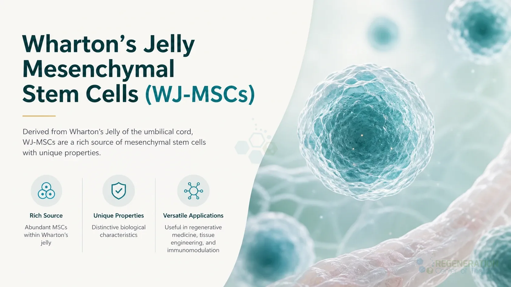Clean clinical illustration for Wharton’s Jelly Mesenchymal Stem Cells (WJ-MSCs) with concise explanatory text.