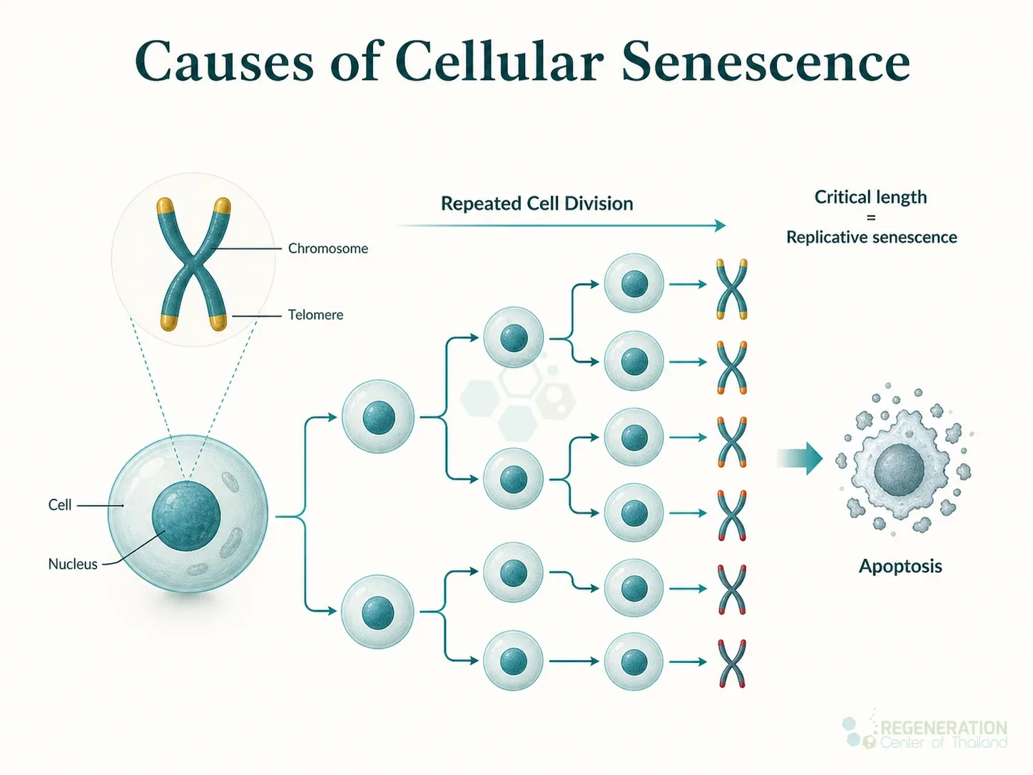 Clean clinical illustration for Causes of Cellular Senescence with concise explanatory text.