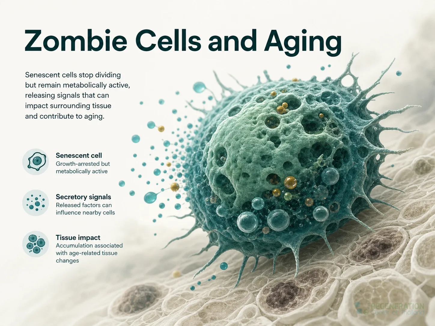 Clean clinical illustration for Zombie Cells and Aging with concise explanatory text.