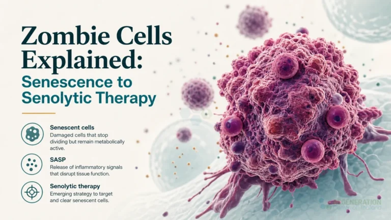 Clean clinical illustration for Zombie Cells Explained: Senescence to Senolytic Therapy with concise explanatory text.