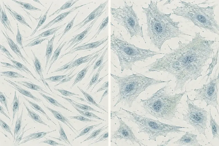 Scientific illustration comparing spindle-shaped mesenchymal stromal cells with enlarged flattened cells associated with senescence